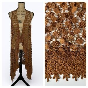 Ultra Pink Floral Crochet Lace Longline Vest Brown Boho Festival Hippie Sz L
